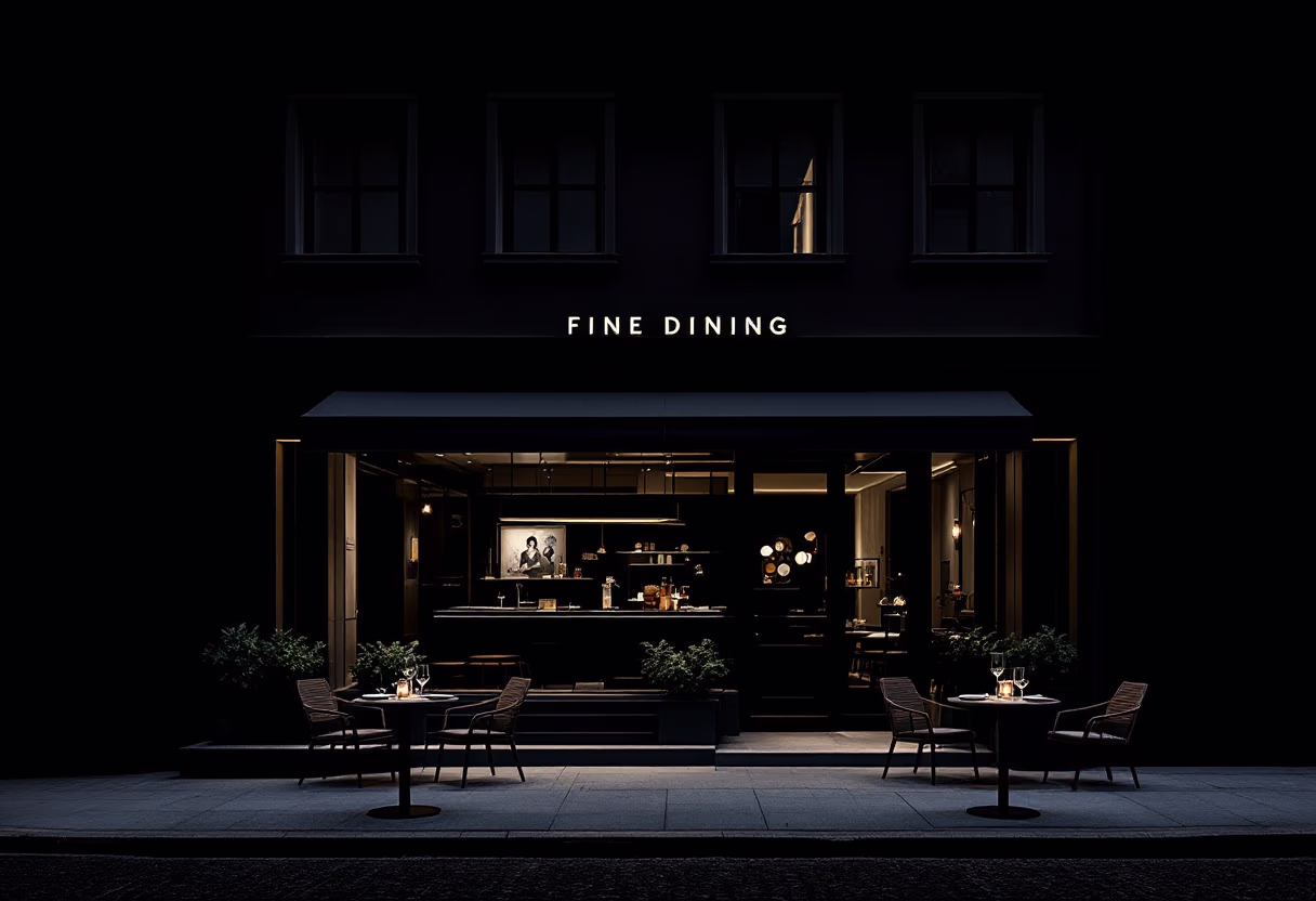 [background image] image of restaurant exterior at night (for a fine dining restaurant).