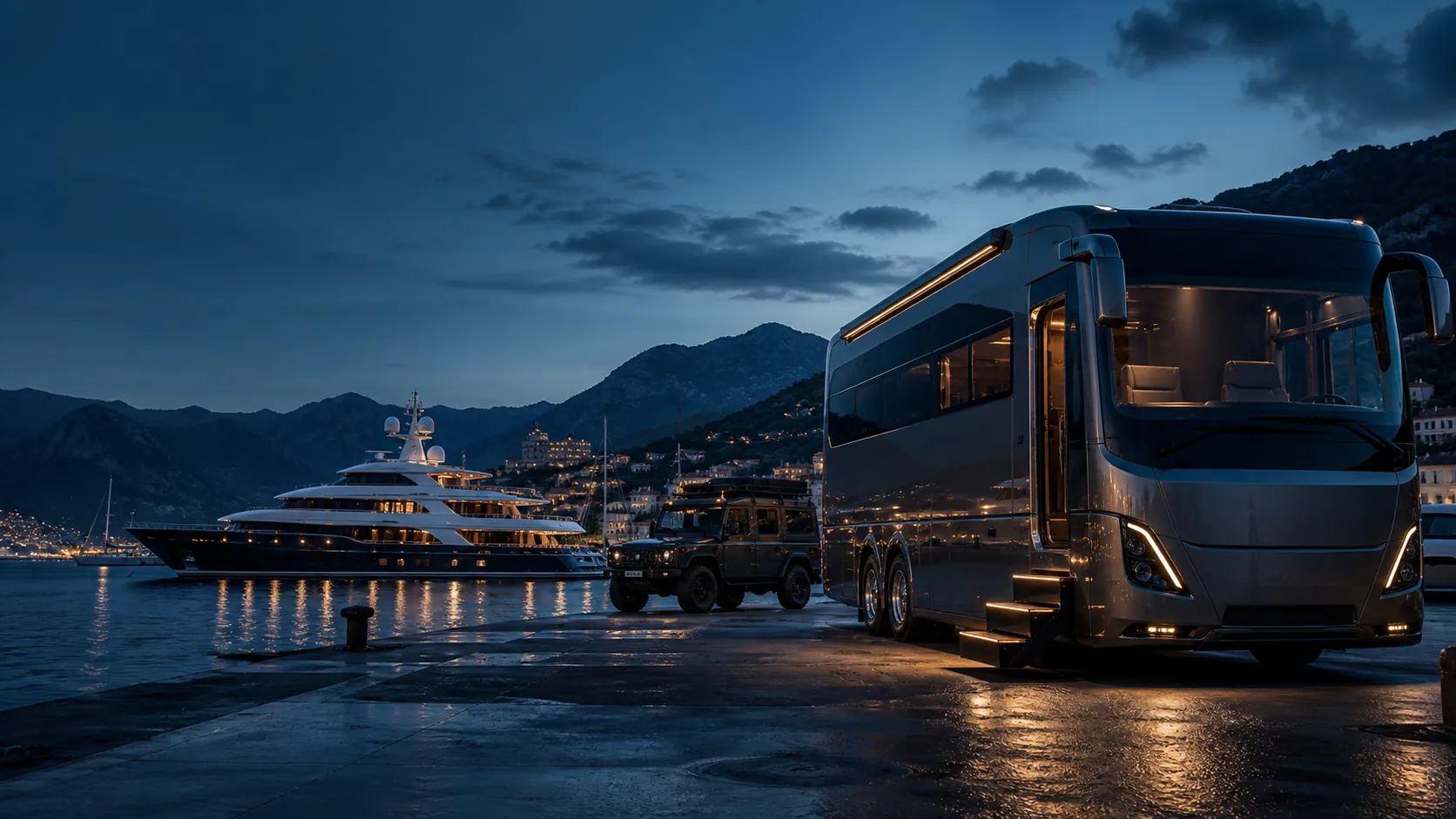 Luxuriöses Premium-Reisemobil am Yachthafen – individuelle Fahrzeugoptimierung von Black Forest Engineering
