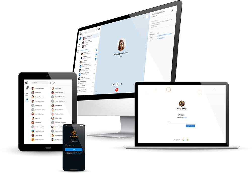 Tablet, smartphone, desktop, and laptop showing x-bees communication software interfaces.