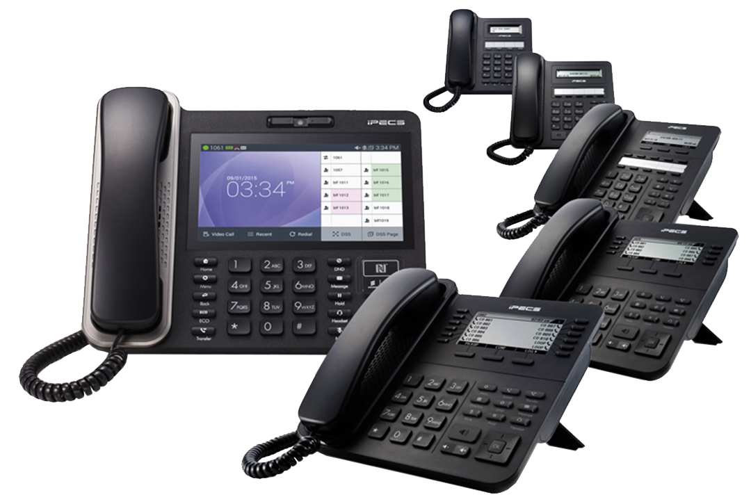 A collection of iPECS office desk phones with various screen sizes and button layouts.