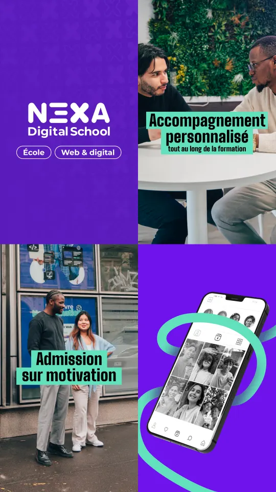 Publicité Nexa Digital School : école web & digital avec accompagnement personnalisé tout au long de la formation, admission sur motivation, aperçu de l'application mobile de suivi des candidats