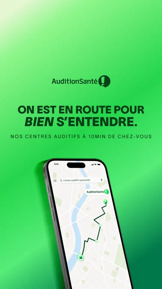Publicité AuditionSanté « On est en route pour bien s'entendre », nos centres auditifs à 10 min de chez vous, capture d'écran d'un itinéraire GPS sur smartphone
