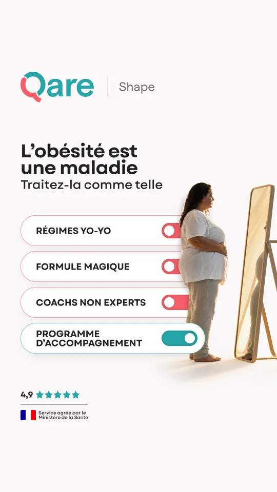 Publicité Qare Shape « L'obésité est une maladie, traitez-la comme telle », liste à bascule : régimes yo-yo, formule magique et coachs non experts désactivés, programme d'accompagnement activé, note 4,9 étoiles