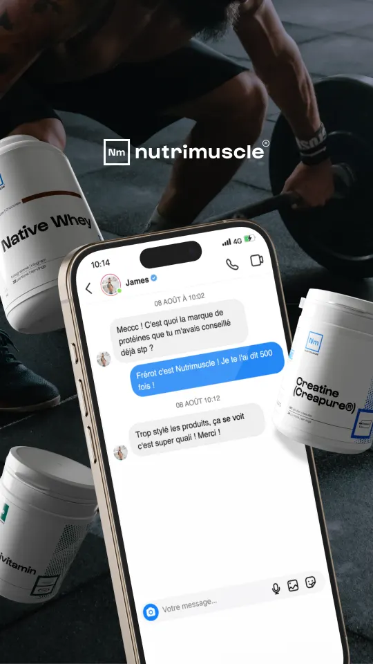 Story Nutrimuscle simulant une conversation SMS recommandant les produits Nutrimuscle, avec pots de whey et créatine au premier plan et sportif en salle de sport en arrière-plan