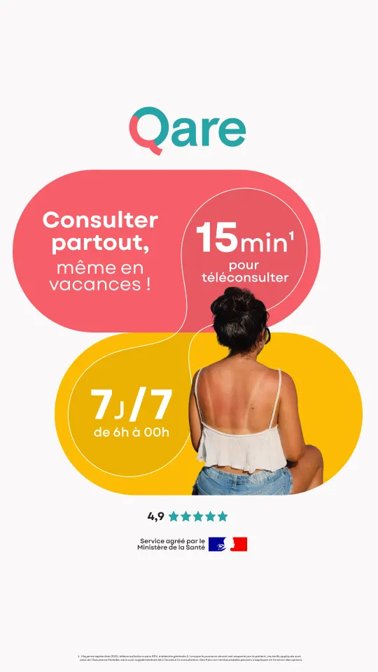 Publicité Qare « Consulter partout, même en vacances ! », téléconsultation en 15 min, 7j/7 de 6h à minuit, note 4,9 étoiles