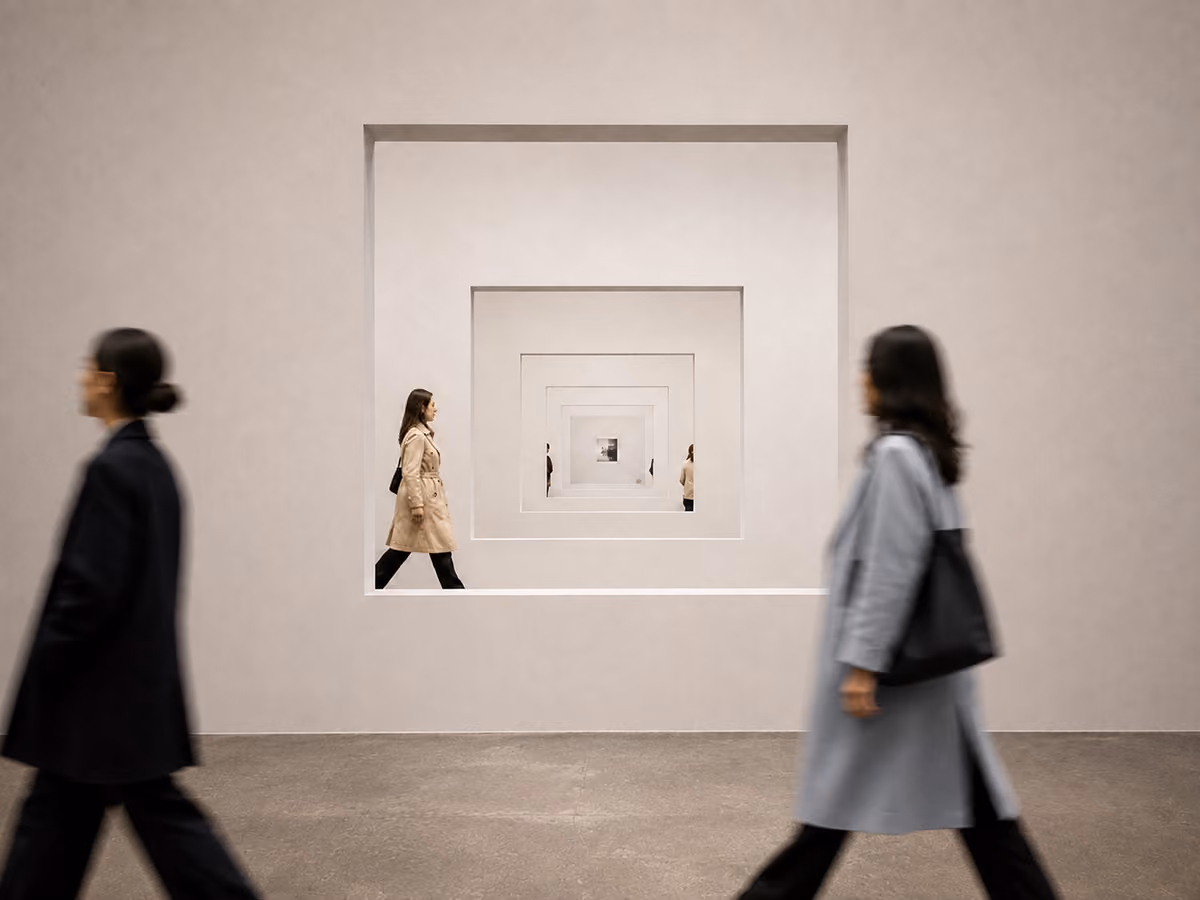 Two blurred women walking past an art installation of nested square frames set into a wall, creating a tunnel effect with a woman in a beige coat walking within the frames in clear focus.