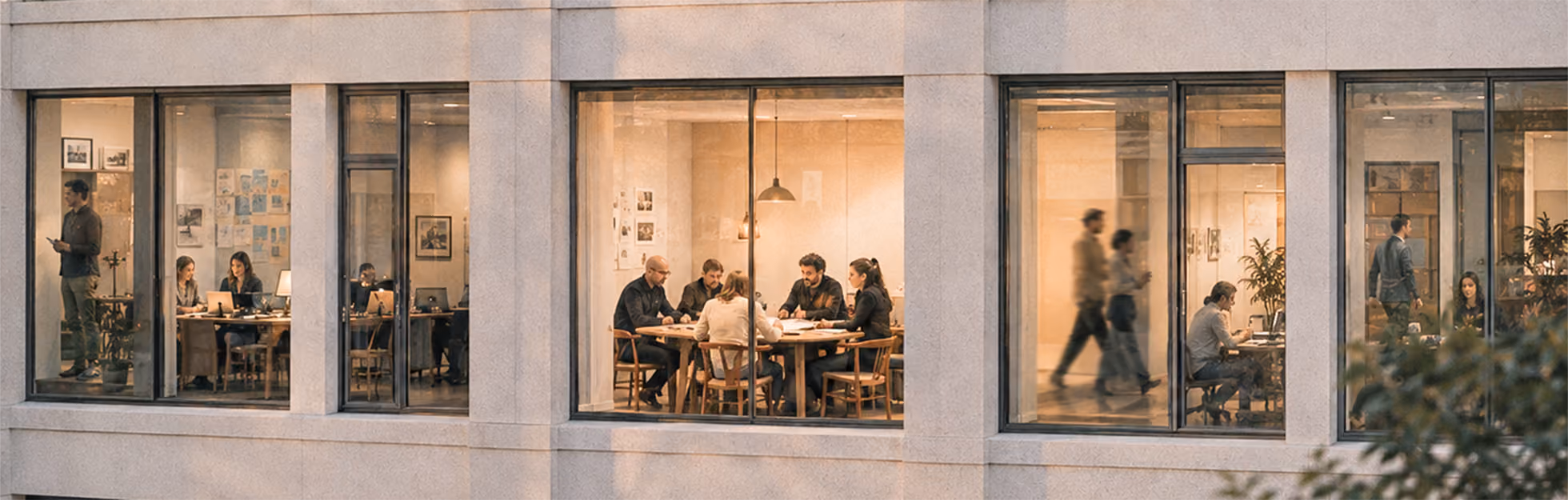 View through office building windows showing diverse groups of people engaged in meetings and discussions at tables, with some individuals walking in corridors.