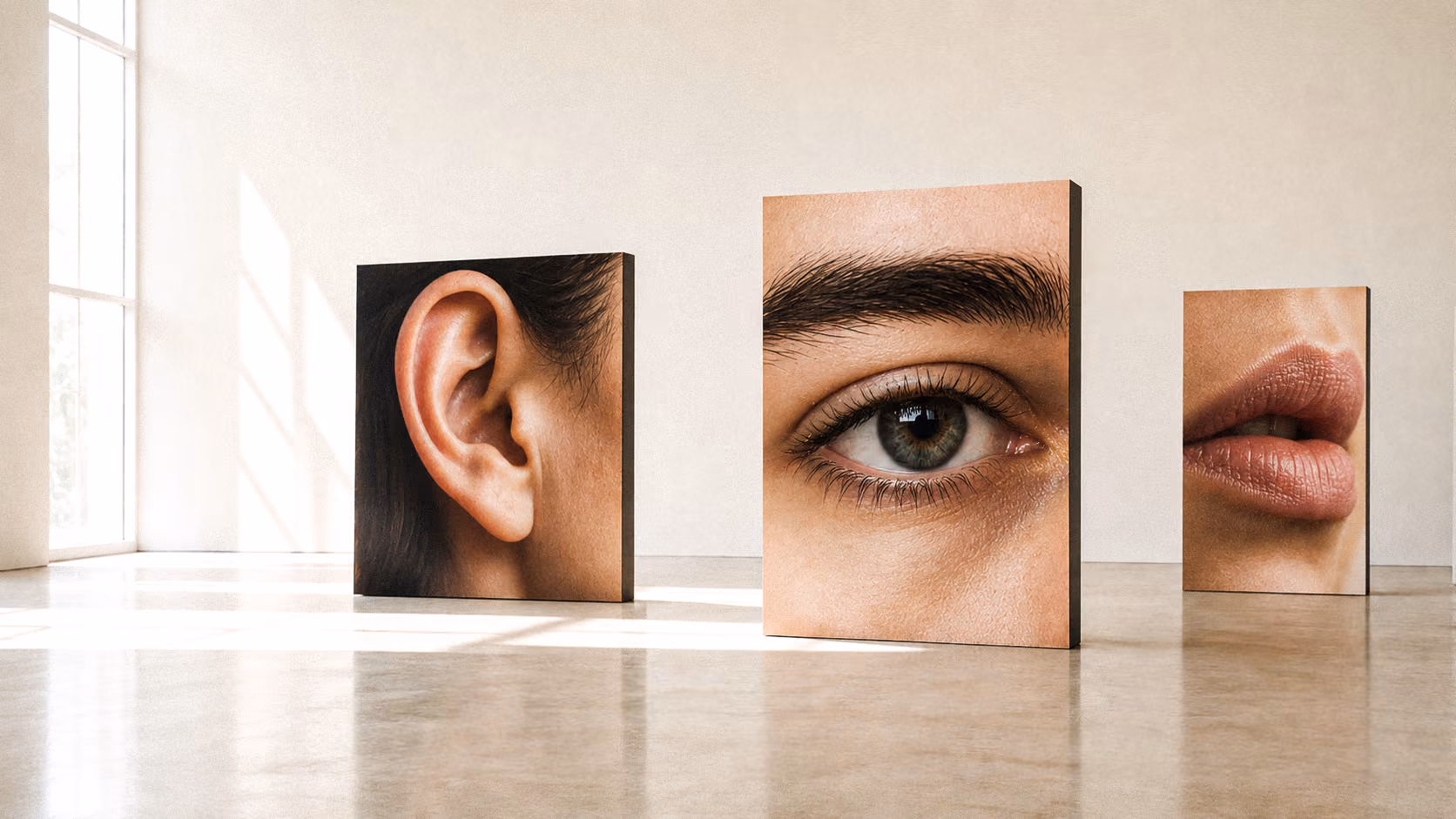 Three square panels displayed in a bright gallery space, each featuring a close-up of a human facial feature: an ear on the left, an eye in the center, and lips on the right.