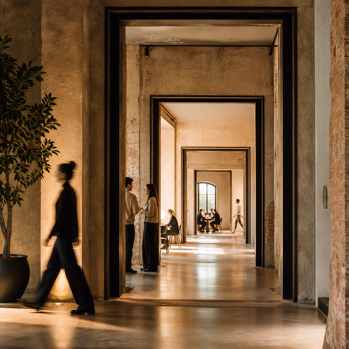Interior corridor of a modern office building with multiple doorways creating a repeating frame effect, people engaged in conversation and work at tables along the hallway, and a potted plant on the left near a walking woman in motion blur.