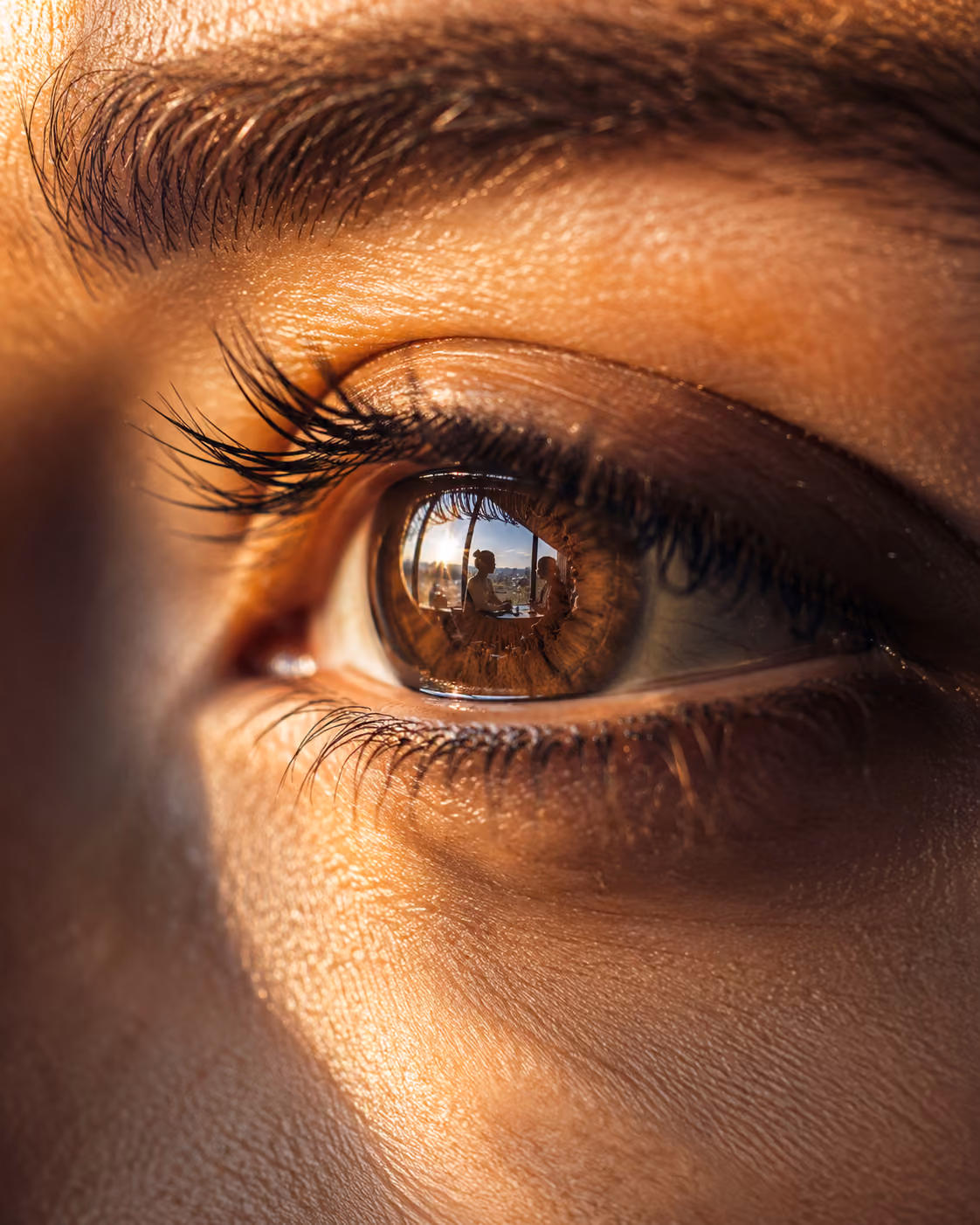 Close-up of a brown eye reflecting a window scene with two people sitting and talking at a table.