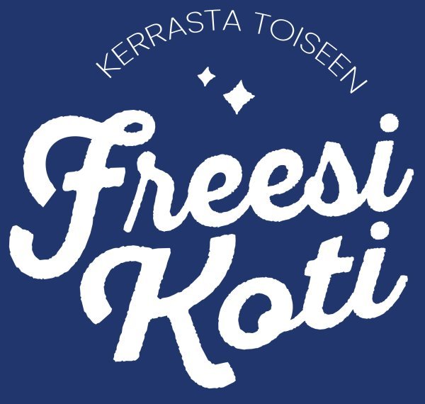 Logo with white text 'Freesi Koti' and smaller curved text 'Kerrasta Toiseen' on dark blue background.