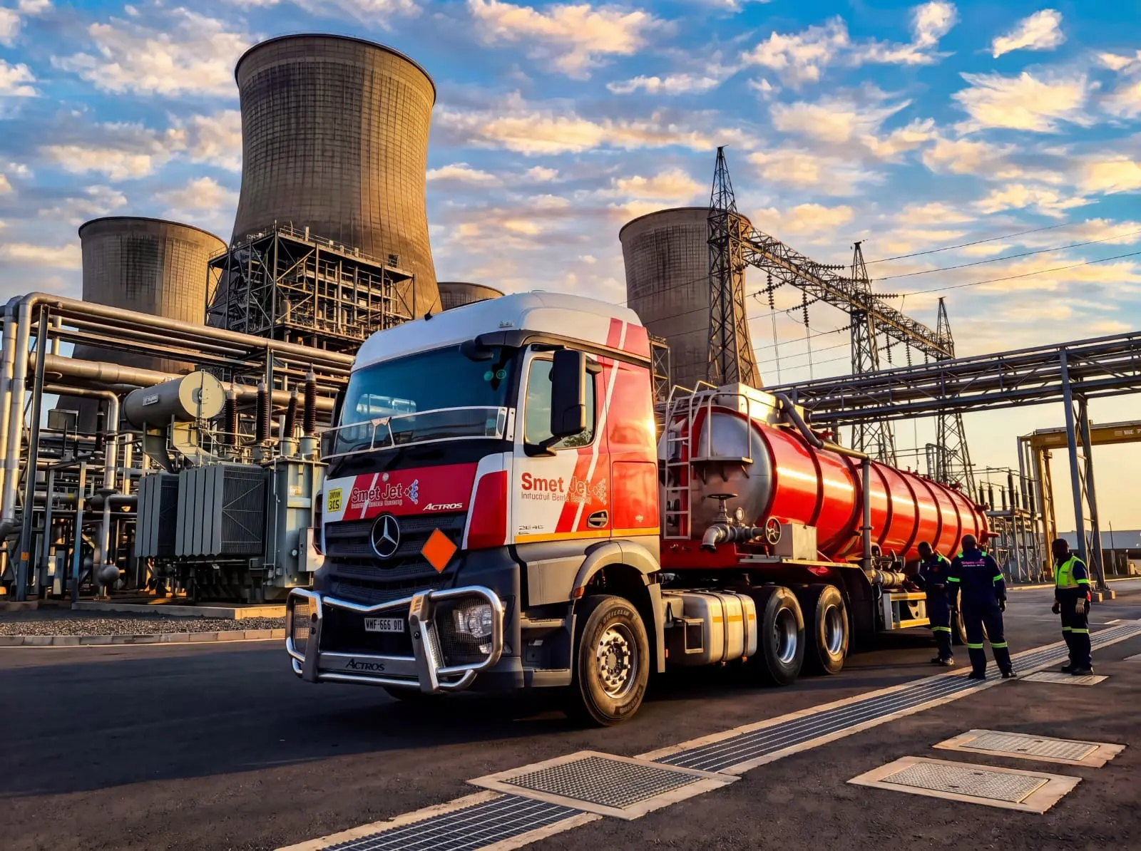 Red and white tanker truck parked near industrial cooling towers with workers standing nearby.