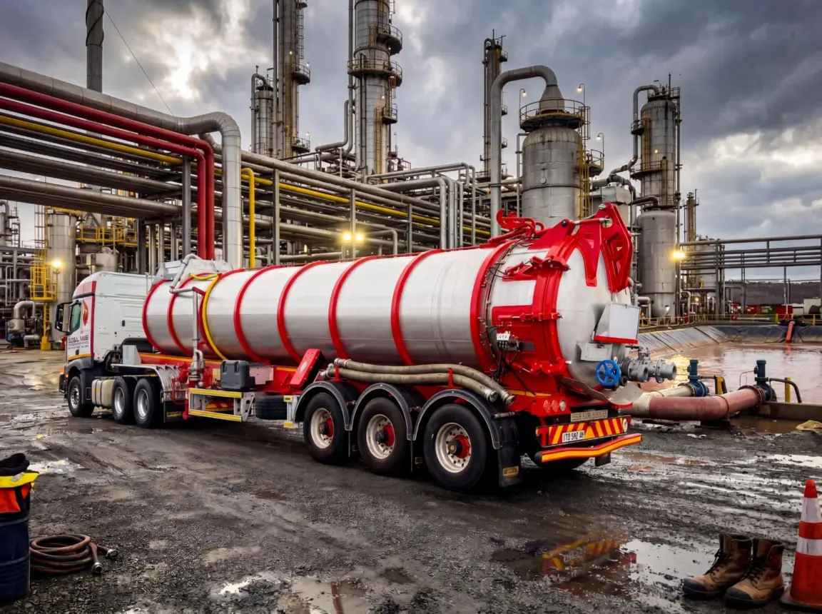 Industrial tanker truck with red and silver tank parked at an oil refinery with pipes and towers.