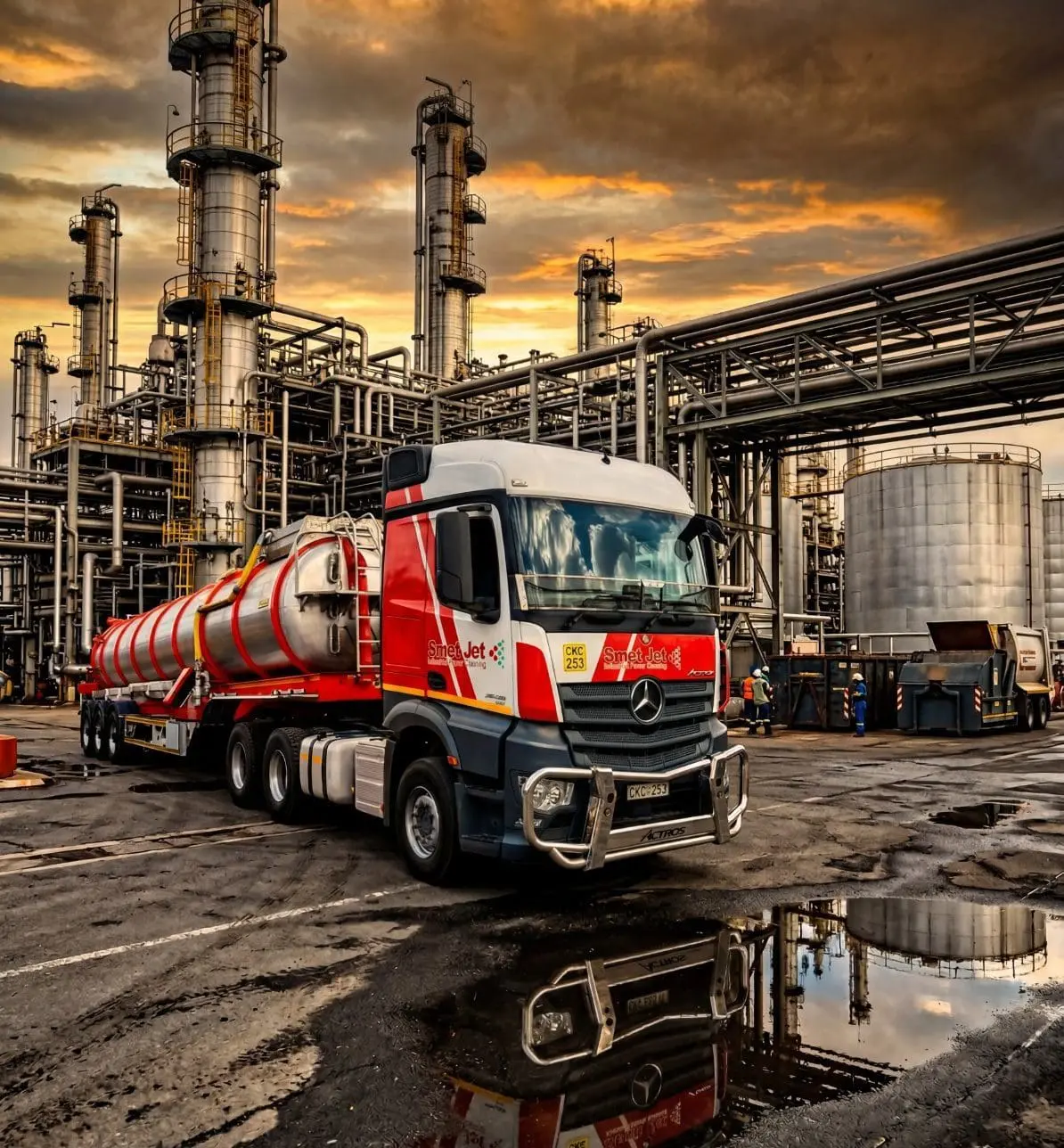 Red and white tanker truck parked in front of an industrial refinery with pipes and storage tanks at sunset.