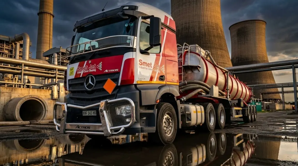 Red and white Smet Jet tanker truck parked near industrial cooling towers at dusk with water reflections.
