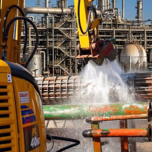 Yellow excavator spraying water on pipes at an industrial refinery with complex metal structures.