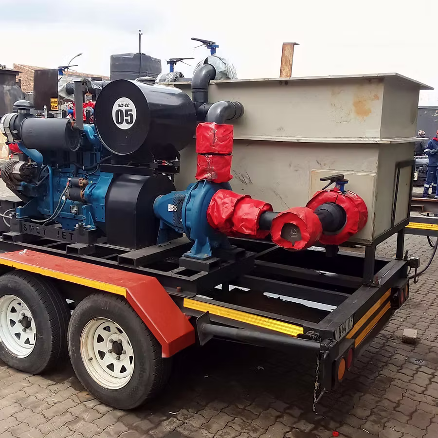 Blue industrial machine with red-wrapped pipes mounted on a black trailer with dual white wheels.