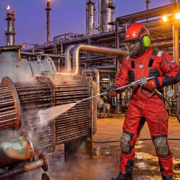 Worker in red protective gear pressure washes industrial equipment outdoors at a refinery or plant.