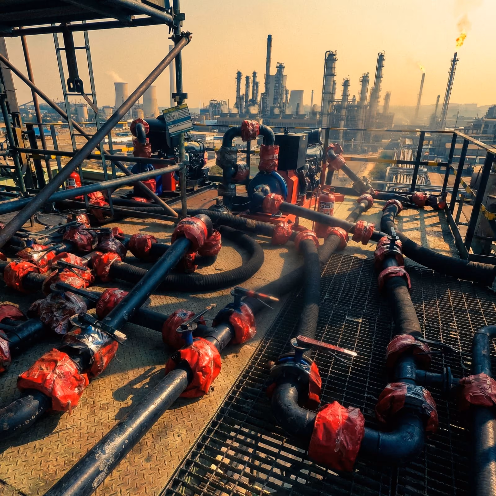 Industrial pipes with red fittings and valves on a platform overlooking a refinery with smoke stacks.