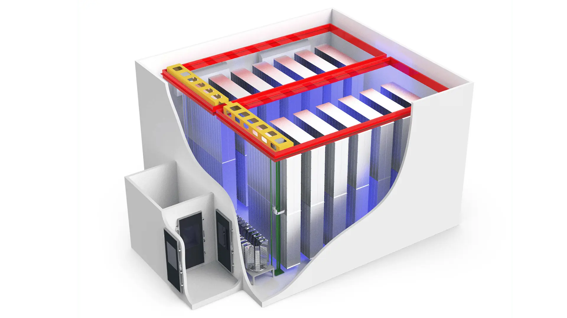 Modèle 3D d'une installation de stockage à haute densité montrant plusieurs rangées verticales de compartiments avec éclairage bleu, entourées d'une structure blanche avec une porte d'entrée noire.