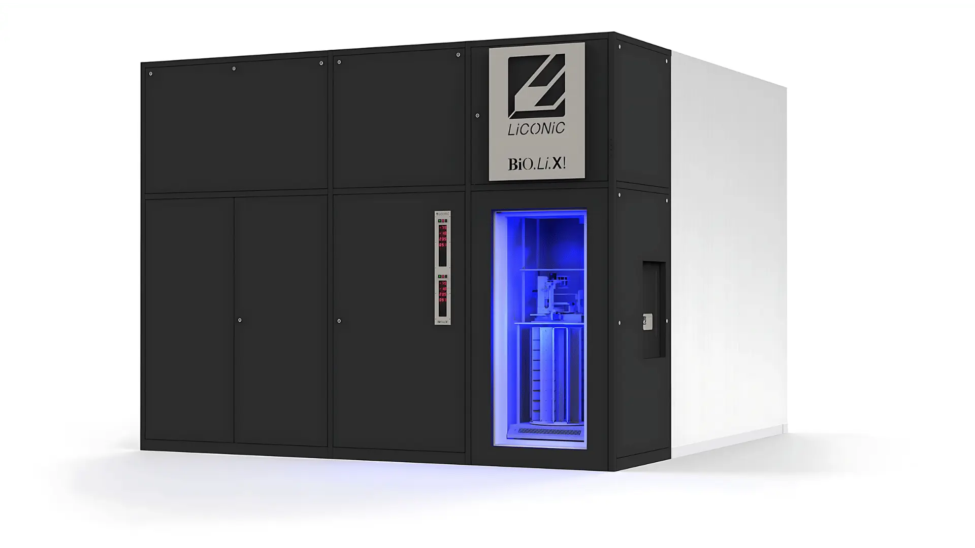 Grande unité noire de stockage automatisé à haute densité avec contrôle environnemental, comportant une fenêtre éclairée en bleu révélant un mécanisme interne.