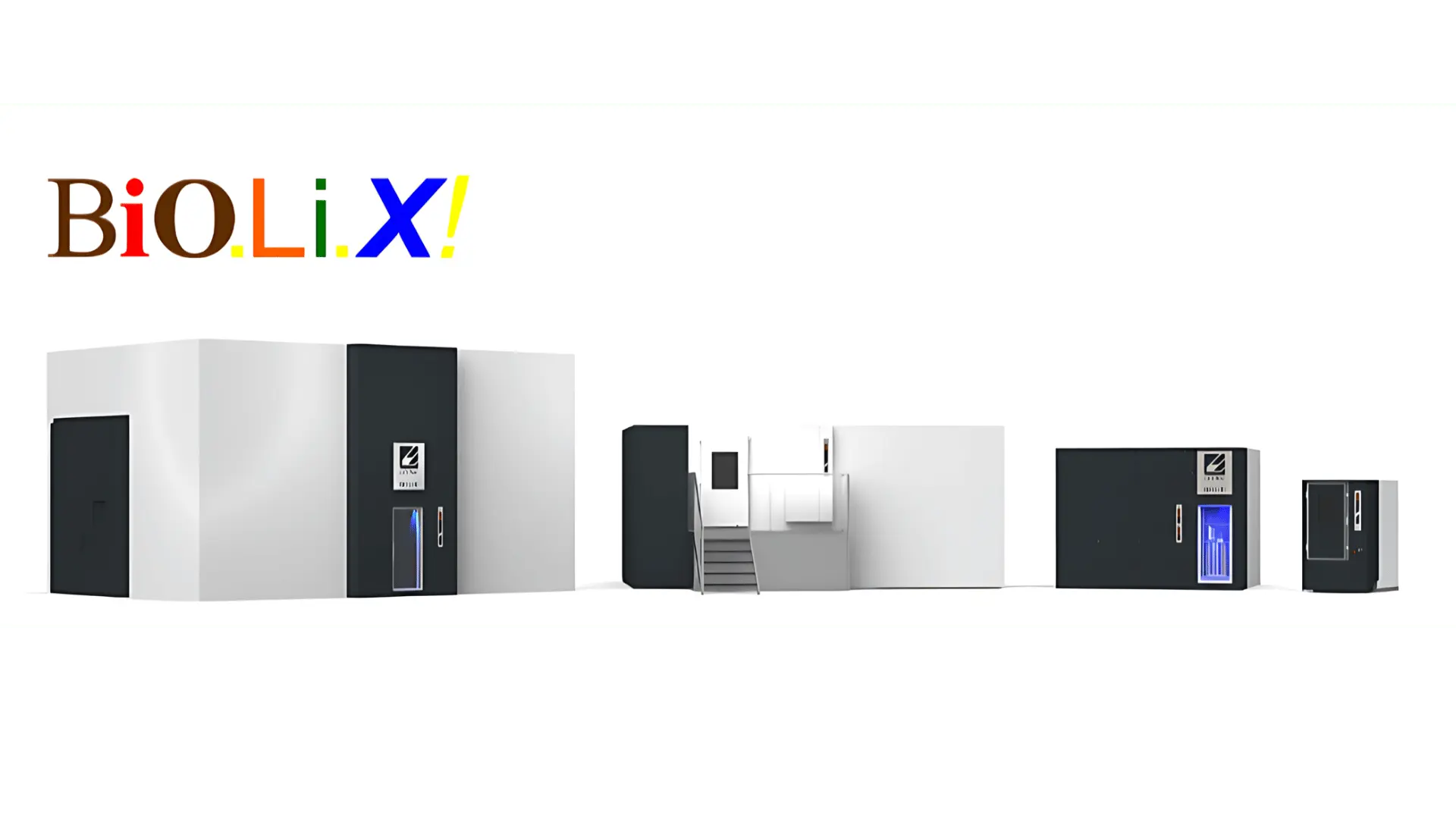 Quatre modules blancs et noirs de différentes tailles alignés horizontalement sur un fond blanc avec le logo coloré BioLiX! au-dessus à gauche.