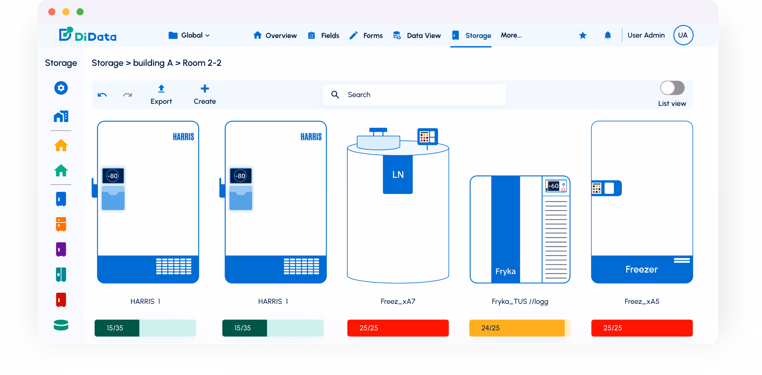 Interface de gestion de stockage montrant cinq unités de congélation avec leurs températures et capacités : deux congélateurs HARRIS à -80°C avec une capacité de 15 sur 35, une unité Freez_xA7 avec capacité remplie (25 sur 25), une unité Fryka_TUS/llogg à 24 sur 25, et une unité Freez_xAS également pleine à 25 sur 25. Options de navigation et de recherche sont visibles en haut, avec un menu latéral d'icônes pour différentes sections.