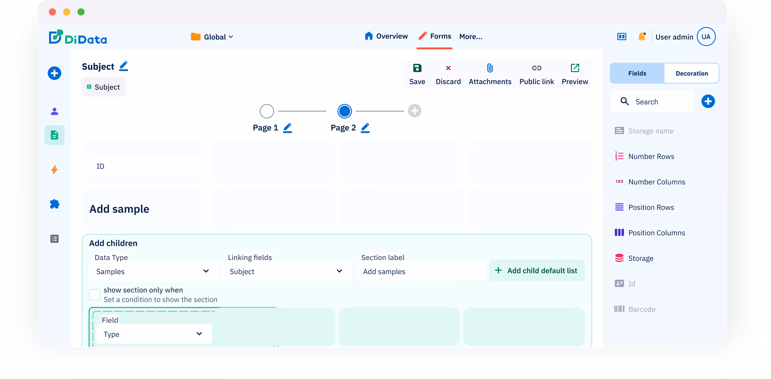 Interface of a data management software named DiData showing a form in editing mode with tabs for saving, discarding, attachments, public link, and preview, page navigation between Page 1 and Page 2, and fields for adding samples including data type, linking fields, and section label, along with options for children data and a sidebar with field decoration and storage settings.