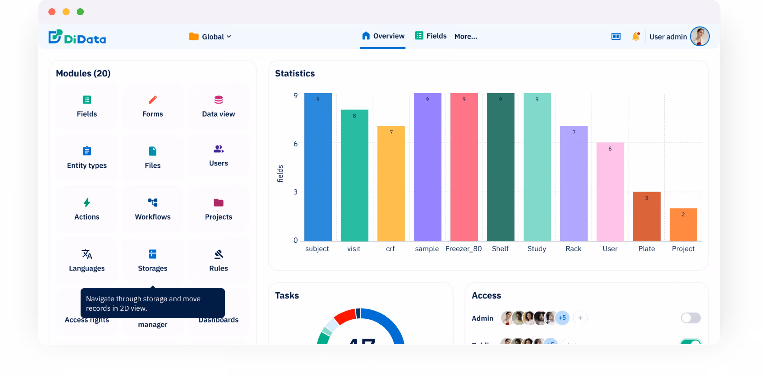 Dashboard interface of DiData software showing modules like Fields, Forms, Data view, Entity types, Files, Users, Actions, Workflows, Projects, Languages, Storages, and Rules on the left, and a colorful bar chart labeled Statistics on the right with categories such as subject, visit, crf, sample, Freezer_80, Shelf, Study, Rack, User, Plate, and Project displaying values from 2 to 9 fields.