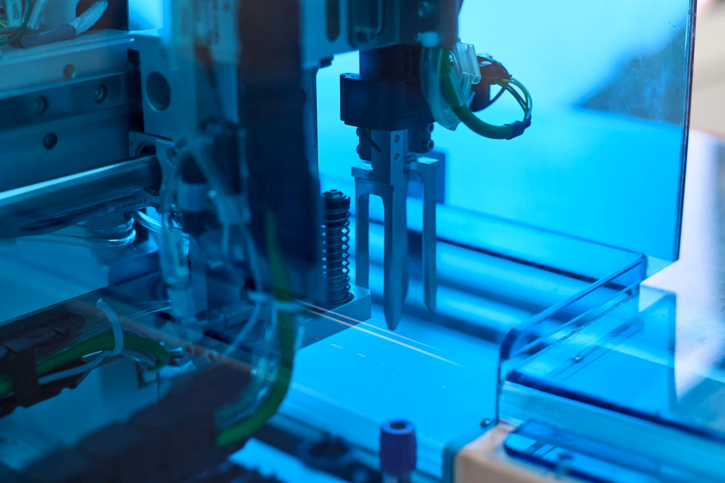 Machine industrielle en gros plan équipée d'un bras mécanique avec des pinces en métal, sous un éclairage bleu, dans un environnement de fabrication automatisée.