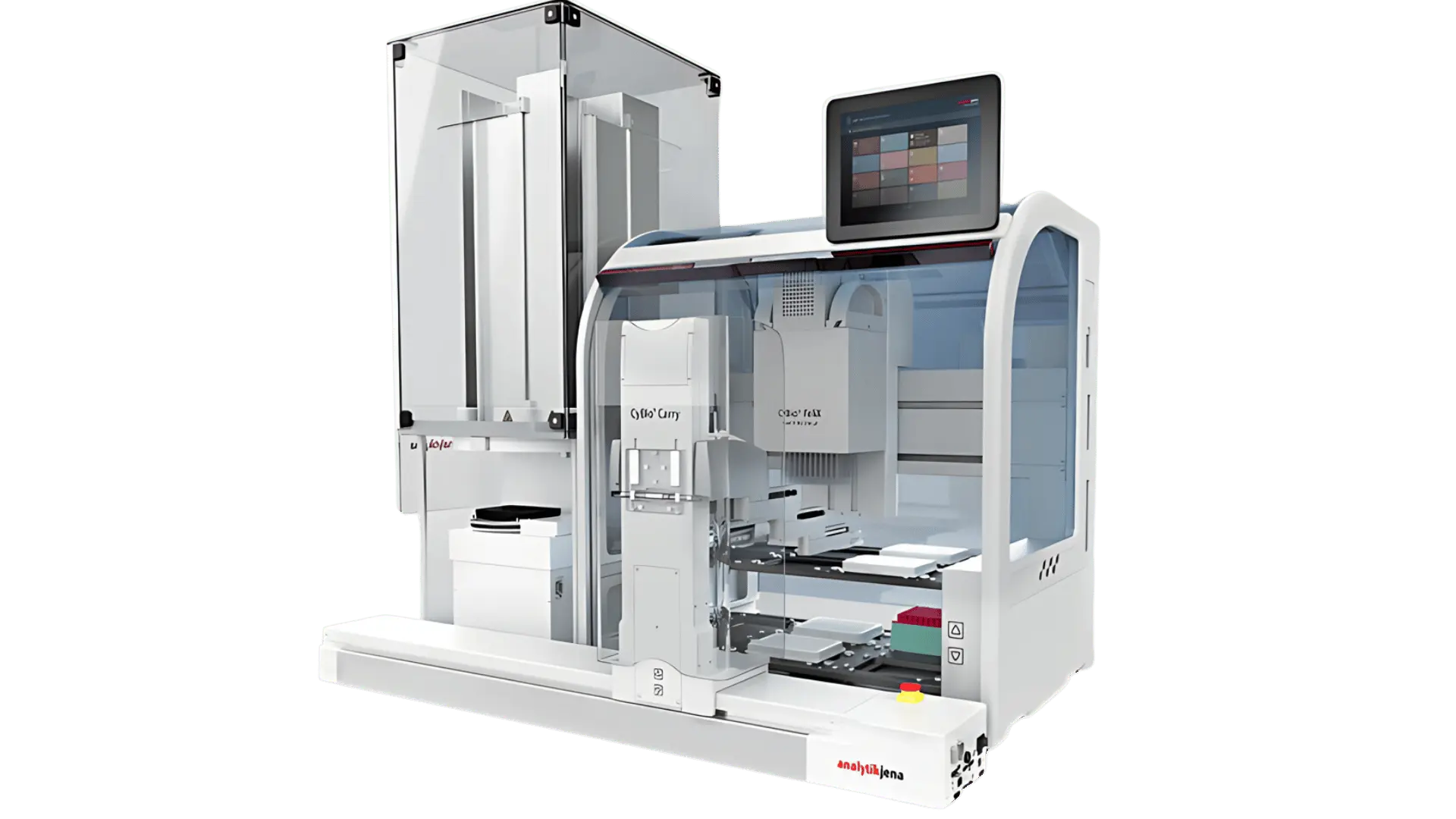 Machine de laboratoire automatisée modulable avec écran tactile, conçue pour l'intégration flexible en laboratoire scientifique.