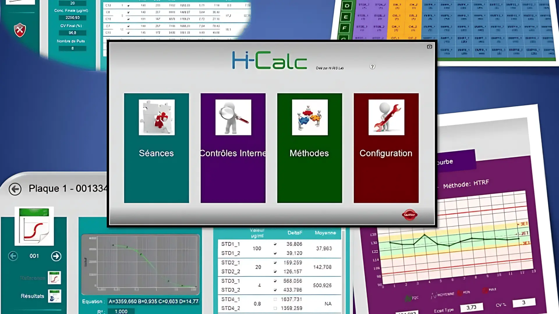 Interface du logiciel Hi-Calc affichant quatre sections principales : Séances avec puzzle, Contrôles Internes avec loupe, Méthodes avec pièces de puzzle, et Configuration avec clé à molette, sur un fond montrant divers graphiques et tableaux de données analytiques.