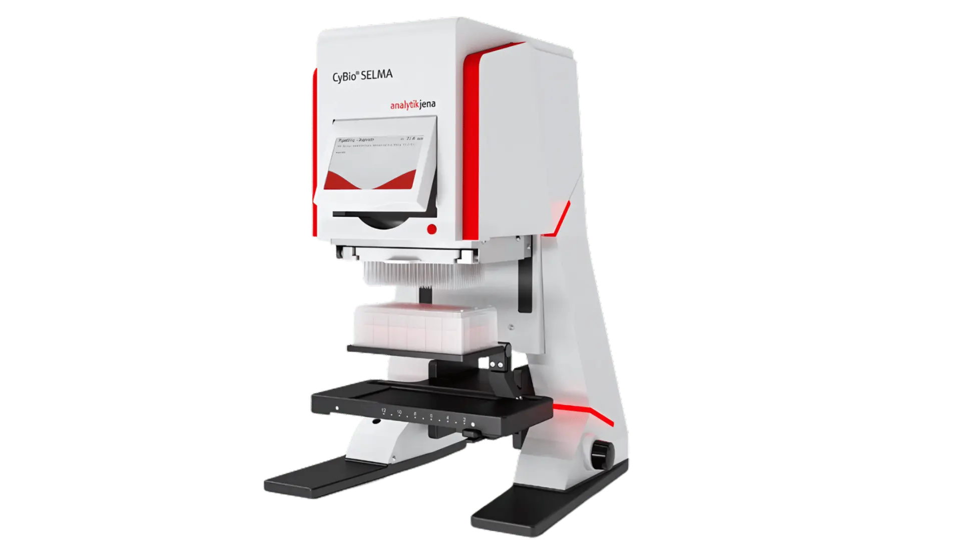 Appareil de pipetage semi-automatique CyBio SELMA avec écran et support pour microplaques 96 et 384 puits.