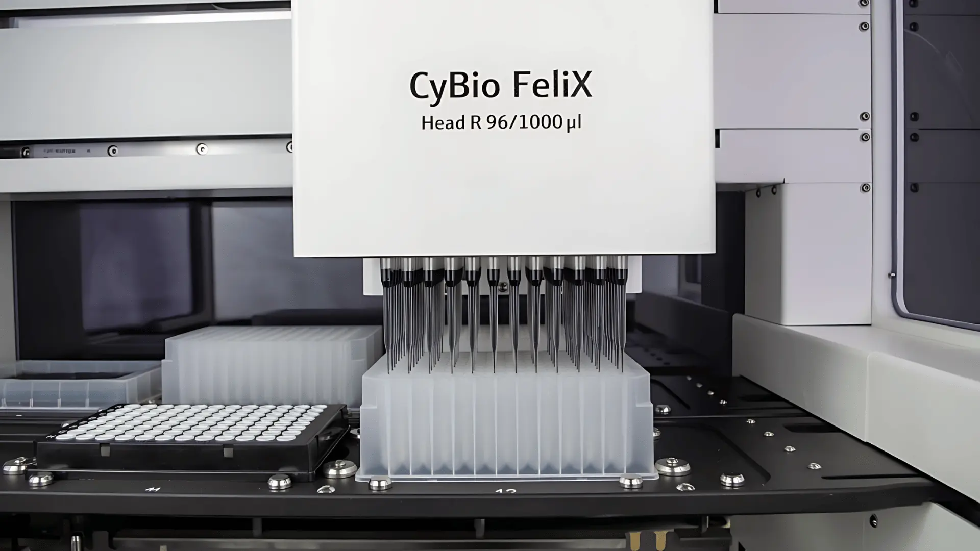 Gros plan sur un système de pipetage automatique CyBio FeliX avec une tête R 96/1000 µl, montrant les aiguilles de pipetage alignées au-dessus d'un porte-plaque transparent en plastique, avec une plaque de microtitration à gauche.