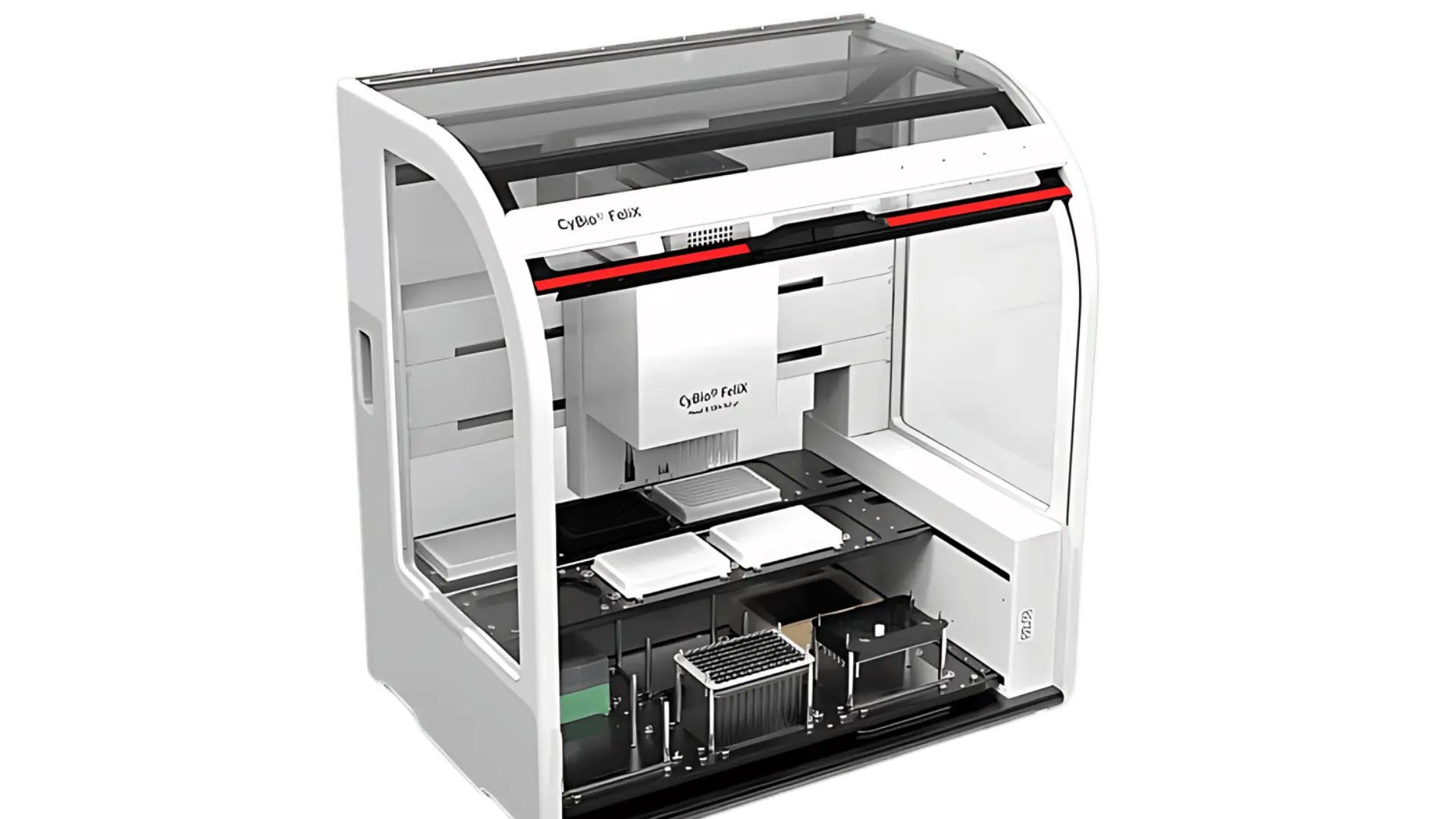 Appareil de laboratoire automatisé de pipetage flexible et compact avec plusieurs emplacements pour plaques et échantillons sous une enceinte transparente.