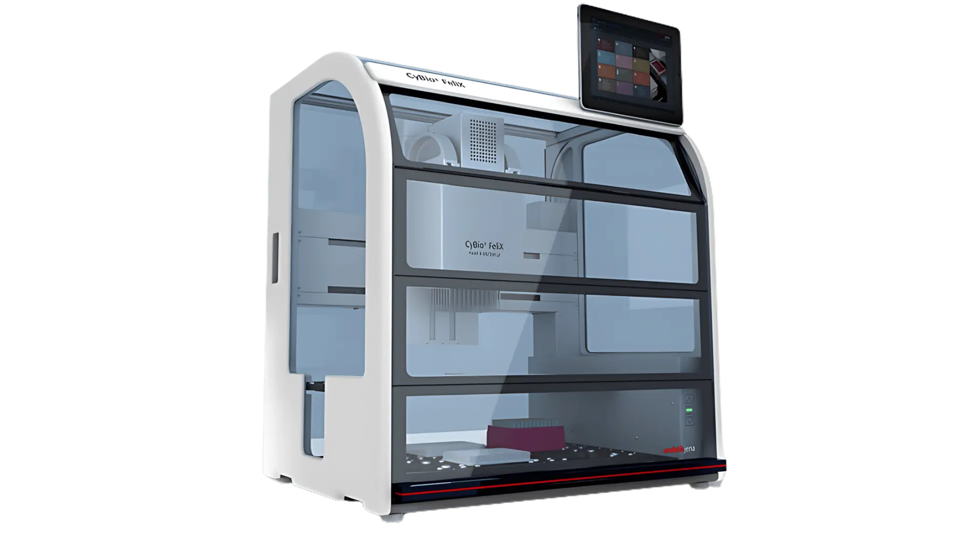 Système automatisé de pipetage de laboratoire Cybio Felix avec écran tactile, conçu pour la précision en manipulations liquides.