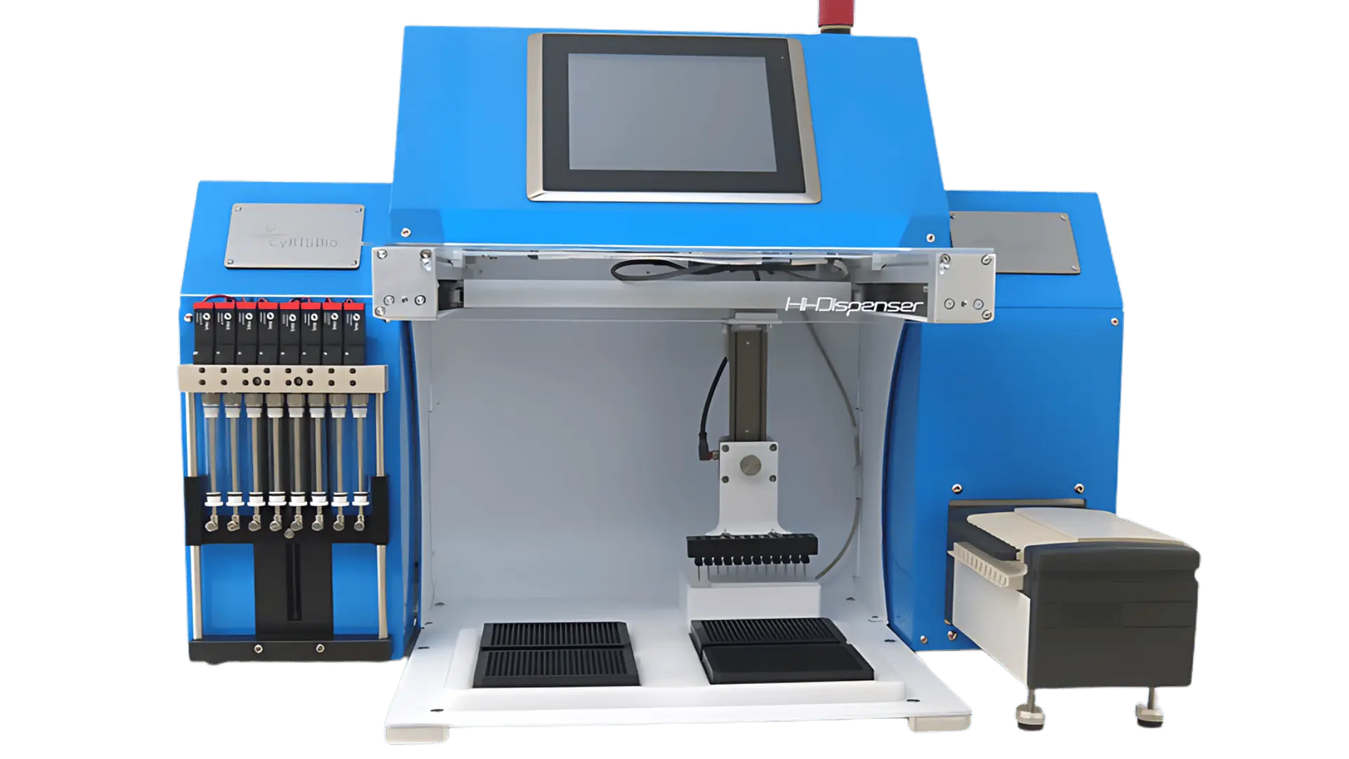 Distributeur automatique de réactifs bleu avec écran tactile surmonté, système de distribution à plusieurs canaux au centre, supports pour microplaques en dessous, et rangée de réactifs sur la gauche.