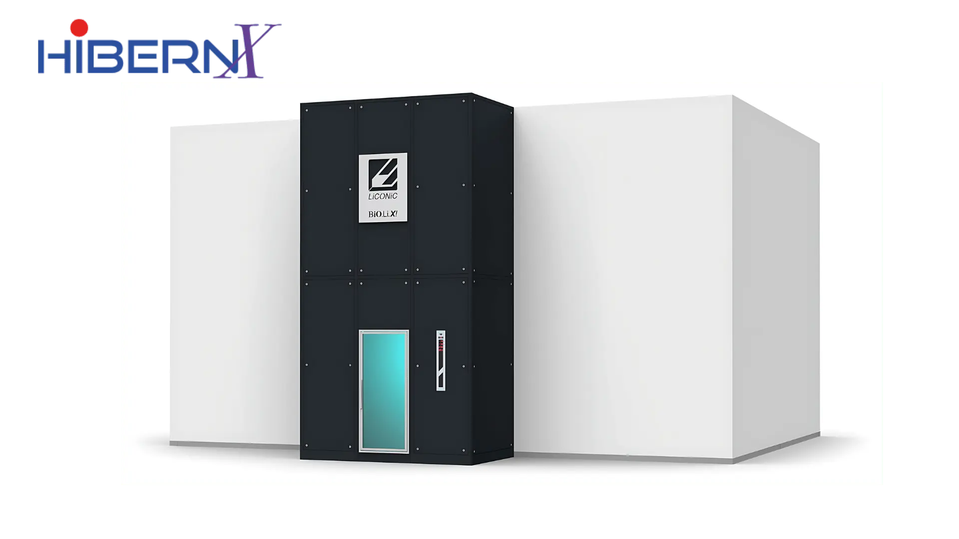 Système de stockage automatisé pour plasma congelé LiCONiC BiOLi.X, unité noire centrale avec porte bleue intégrée, encadrée par deux grandes structures blanches rectangulaires, sur fond blanc avec le logo HibernX en haut à gauche.
