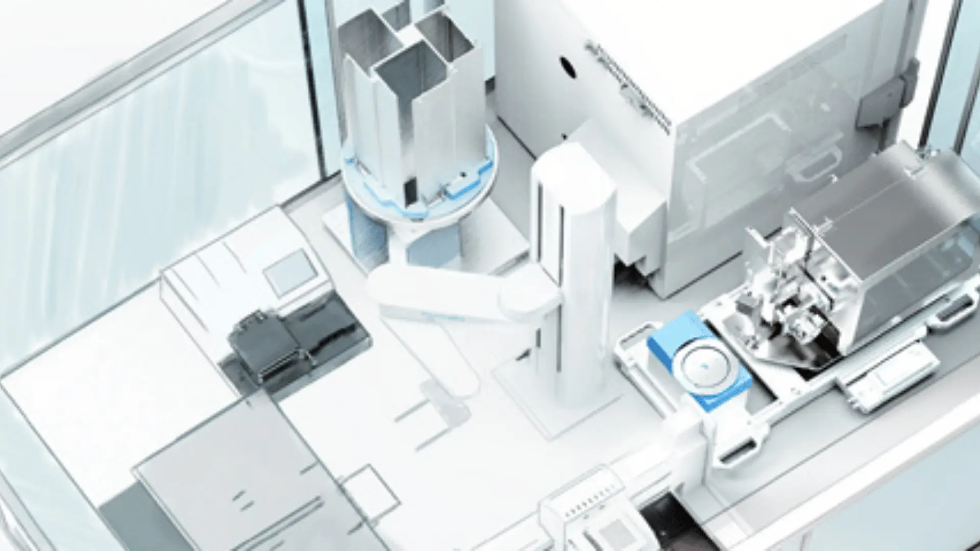 Vue en plongée d'une plateforme robotique moderne avec bras articulé, compartiments modulaires et équipement automatisé.