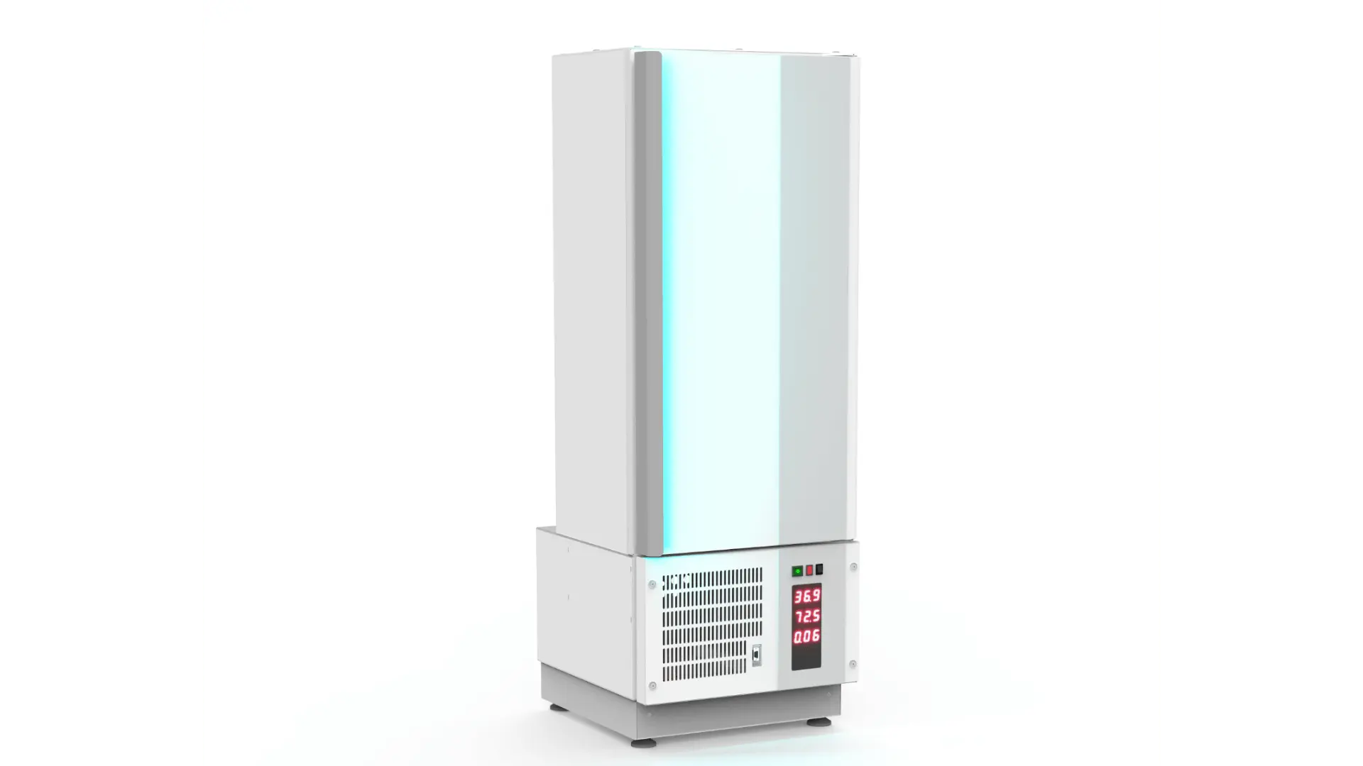 Unité compacte blanche pour petites intégrations avec panneau avant lumineux bleu, écran numérique affichant trois mesures et ventilation visible.