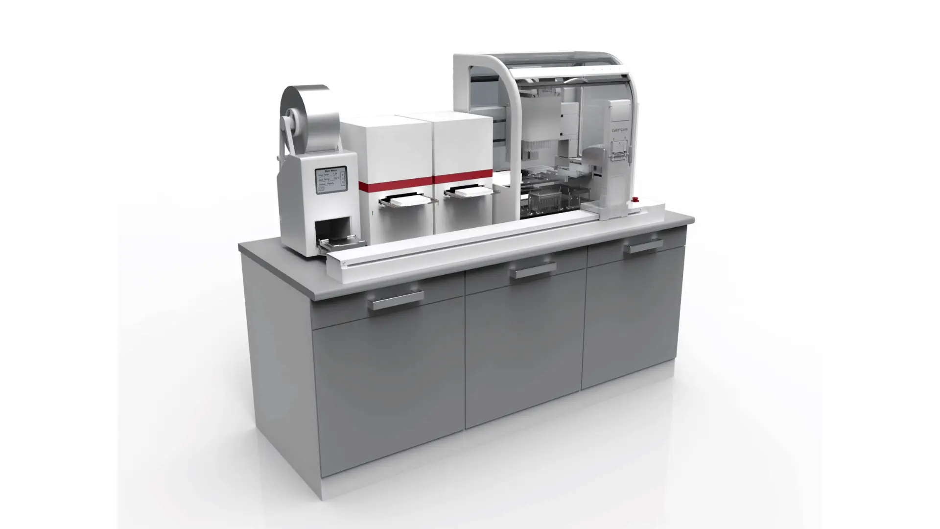 Machine de laboratoire automatisée grise et blanche avec panneaux transparents, écran numérique, et compartiments pour traitement d'échantillons sur un meuble à tiroirs gris.