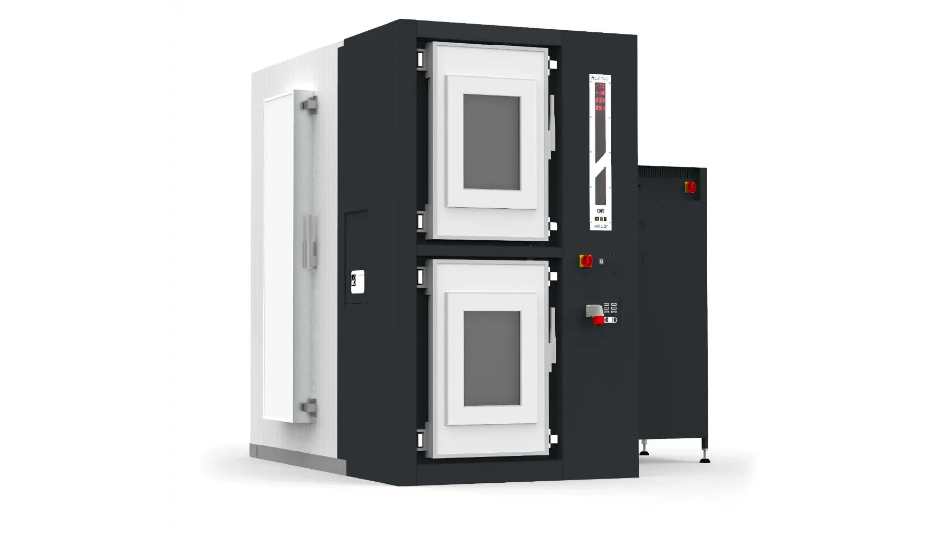 Appareil compact noir et blanc avec deux portes carrées à double vitrage, panneaux de contrôle et boutons d'arrêt d'urgence, utilisé pour le stockage biotechnologique à différentes températures.