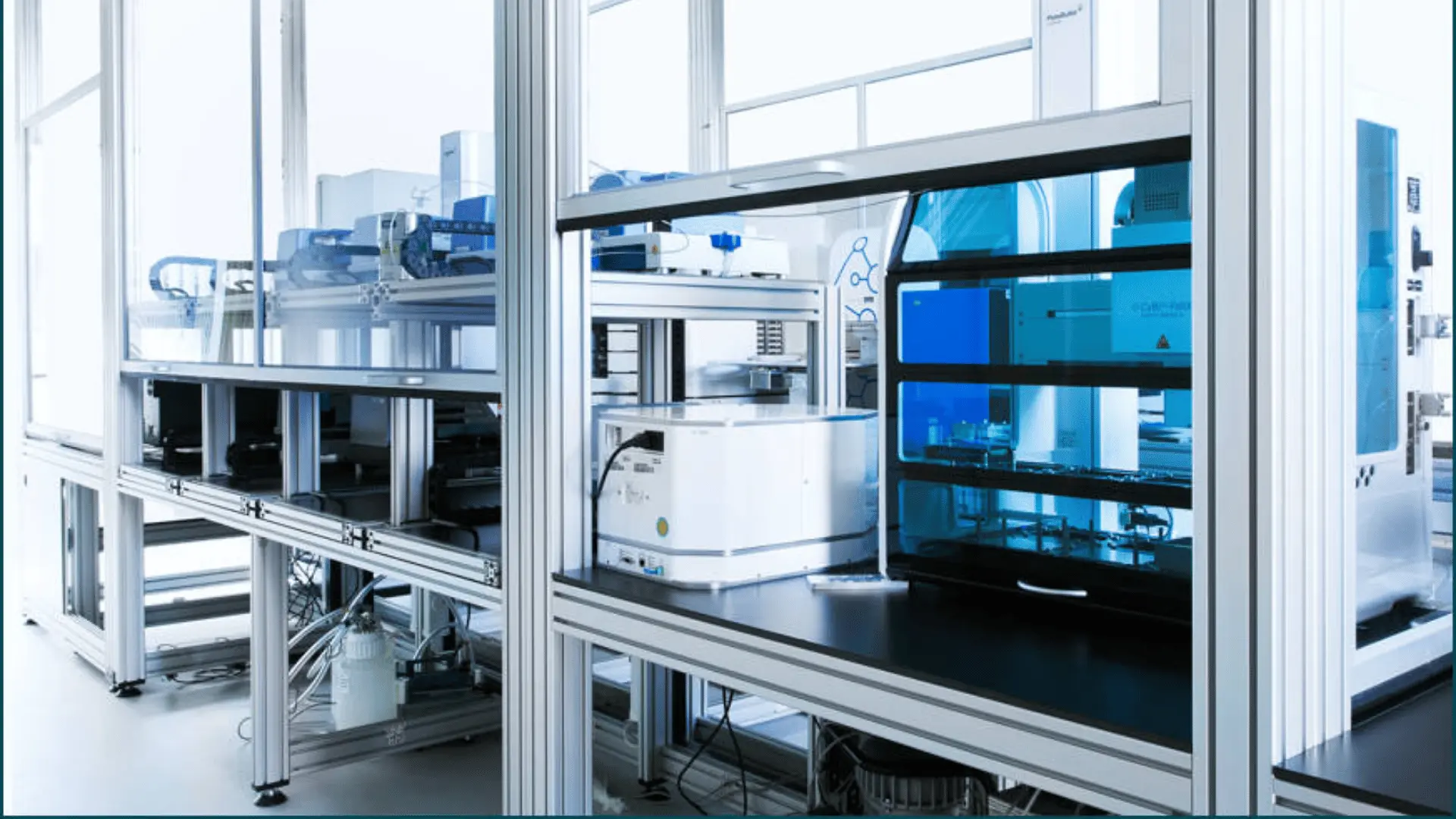 Système automatisé sophistiqué avec composants de laboratoire intégrés dans une structure métallique et panneaux transparents, montrant des équipements de laboratoire et des appareils électroniques pour l'automatisation des flux de travail en laboratoire.