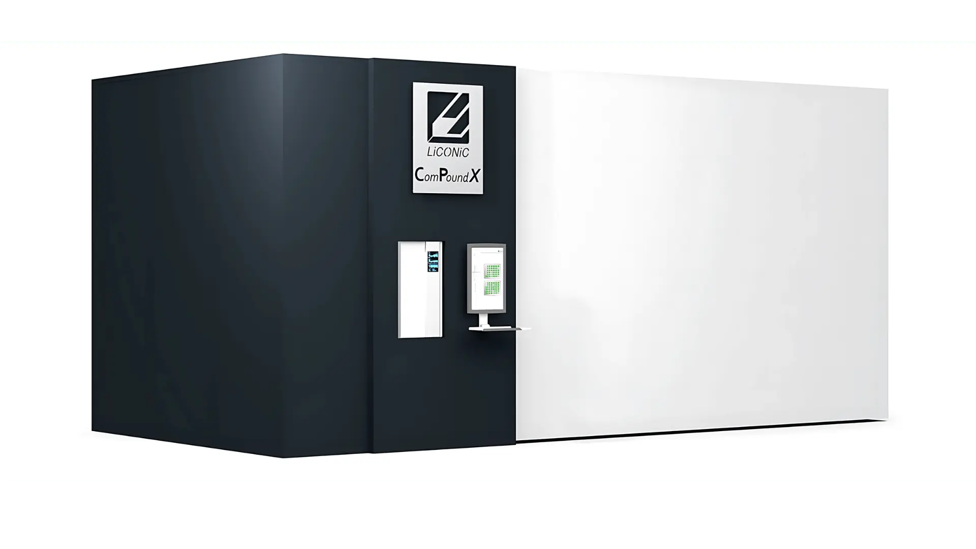 Grand appareil automatisé de stockage LiCONiC ComPoundX à haute densité avec écran tactile et panneau de contrôle sur la face avant.