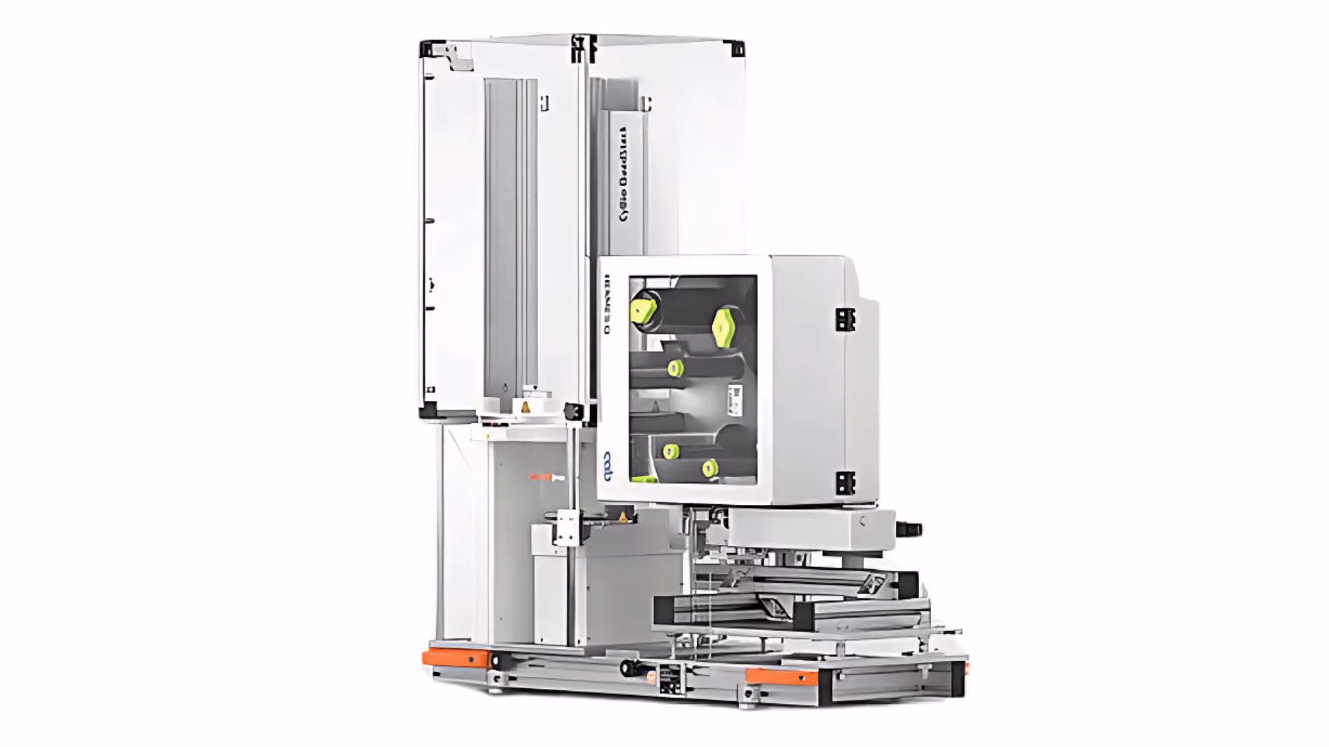 Machine de laboratoire automatisée CyBio QuadPrint avec structure métallique, compartiment transparent et composants verts visibles à l'intérieur pour impression ou manipulation de plaques.