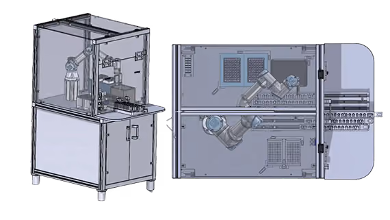 Vue en perspective et de dessus d'une machine automatisée avec un bras robotique manipulant des flacons dans une enceinte transparente, utilisée pour l'emballage ou la manipulation industrielle.