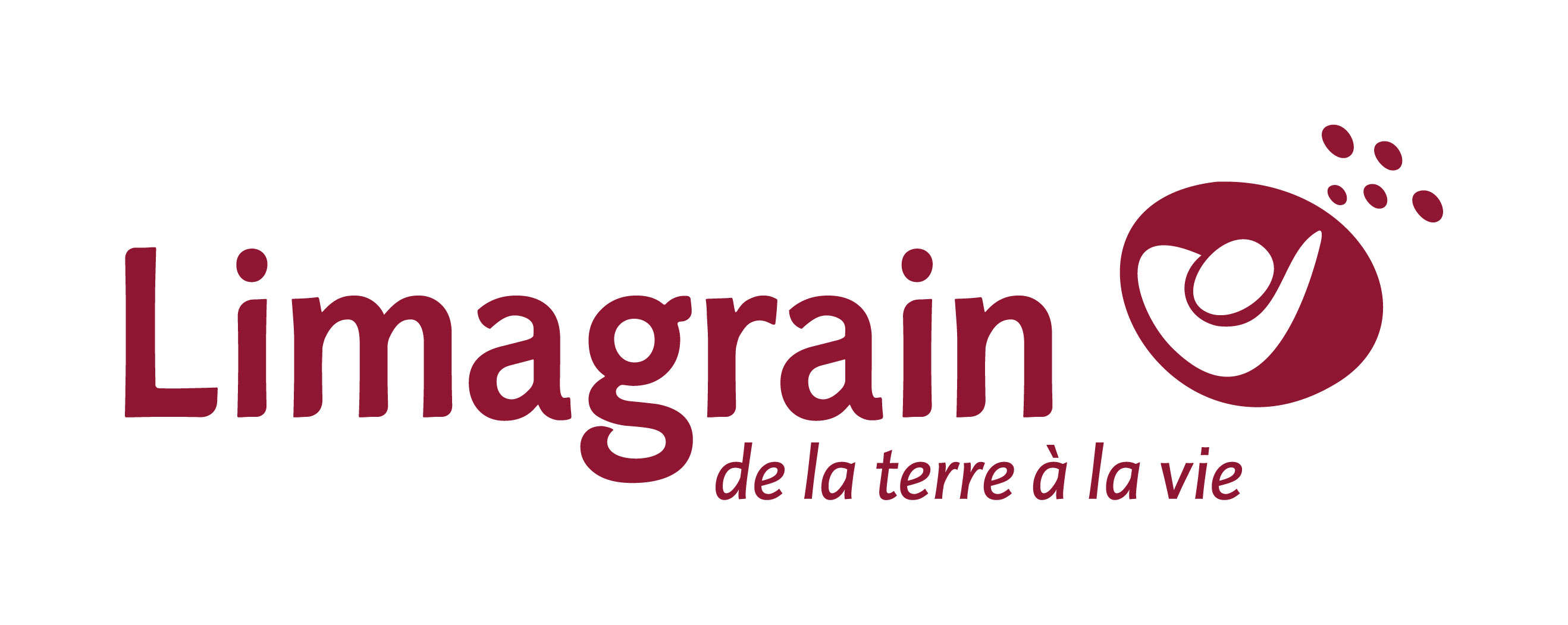 Logo de Limagrain avec un symbole stylisé représentant une graine et des graines s'envolant, accompagné du slogan « de la terre à la vie »