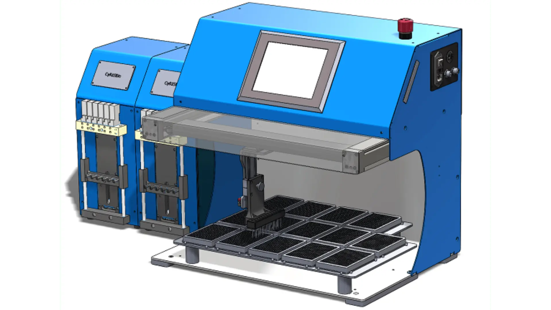 HIDispenser Taille XL, conçu pour les laboratoires à haut débit, avec un plateau de 14 positions de microplaques et 2 modules multiseringues.