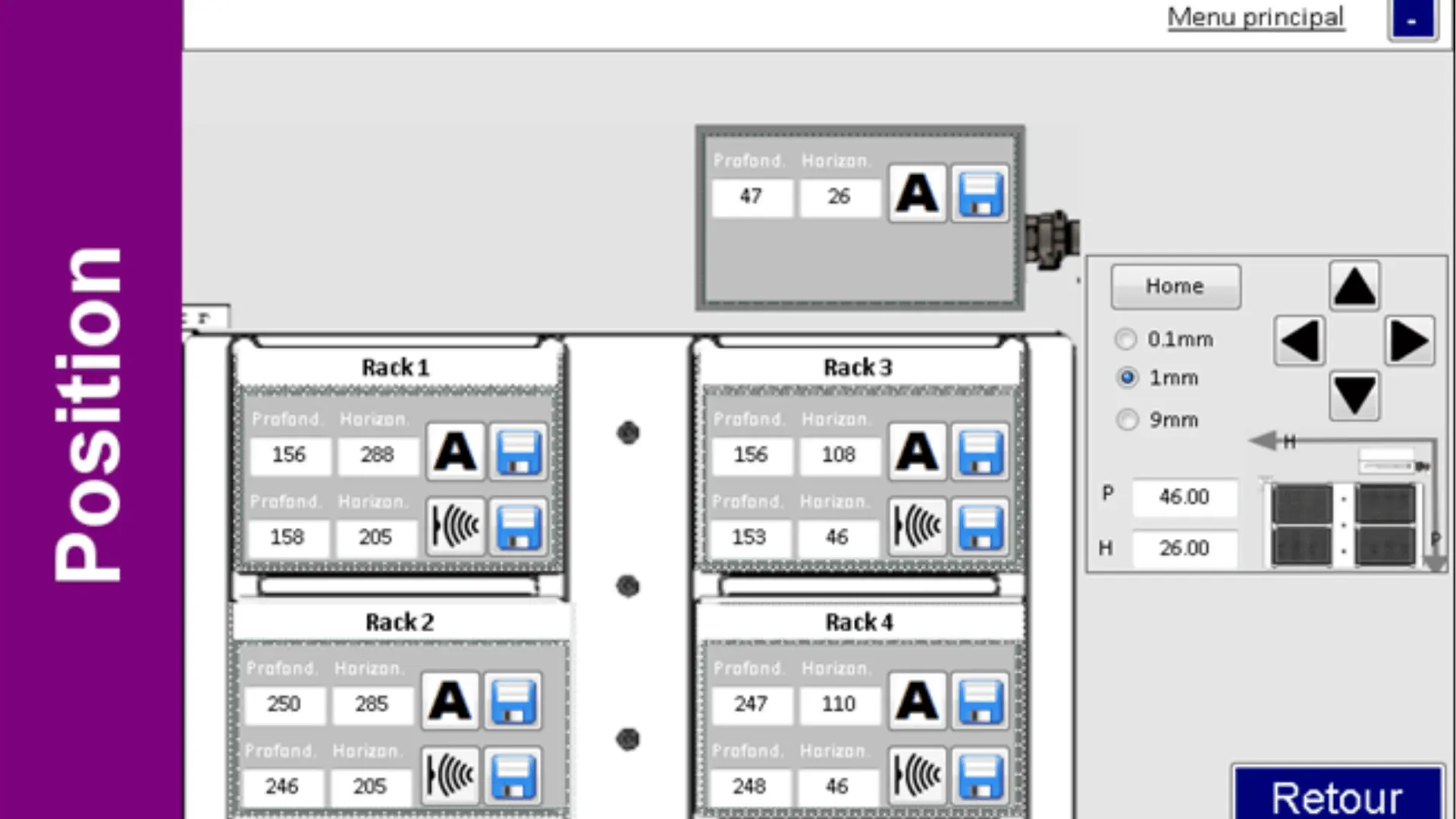 Interface utilisateur logicielle pour la position de racks dans l'automatisation de laboratoire, montrant quatre sections de racks avec des champs pour profondeur et horizontal, boutons de sauvegarde, options d'ajustement de position en mm, et contrôles directionnels.