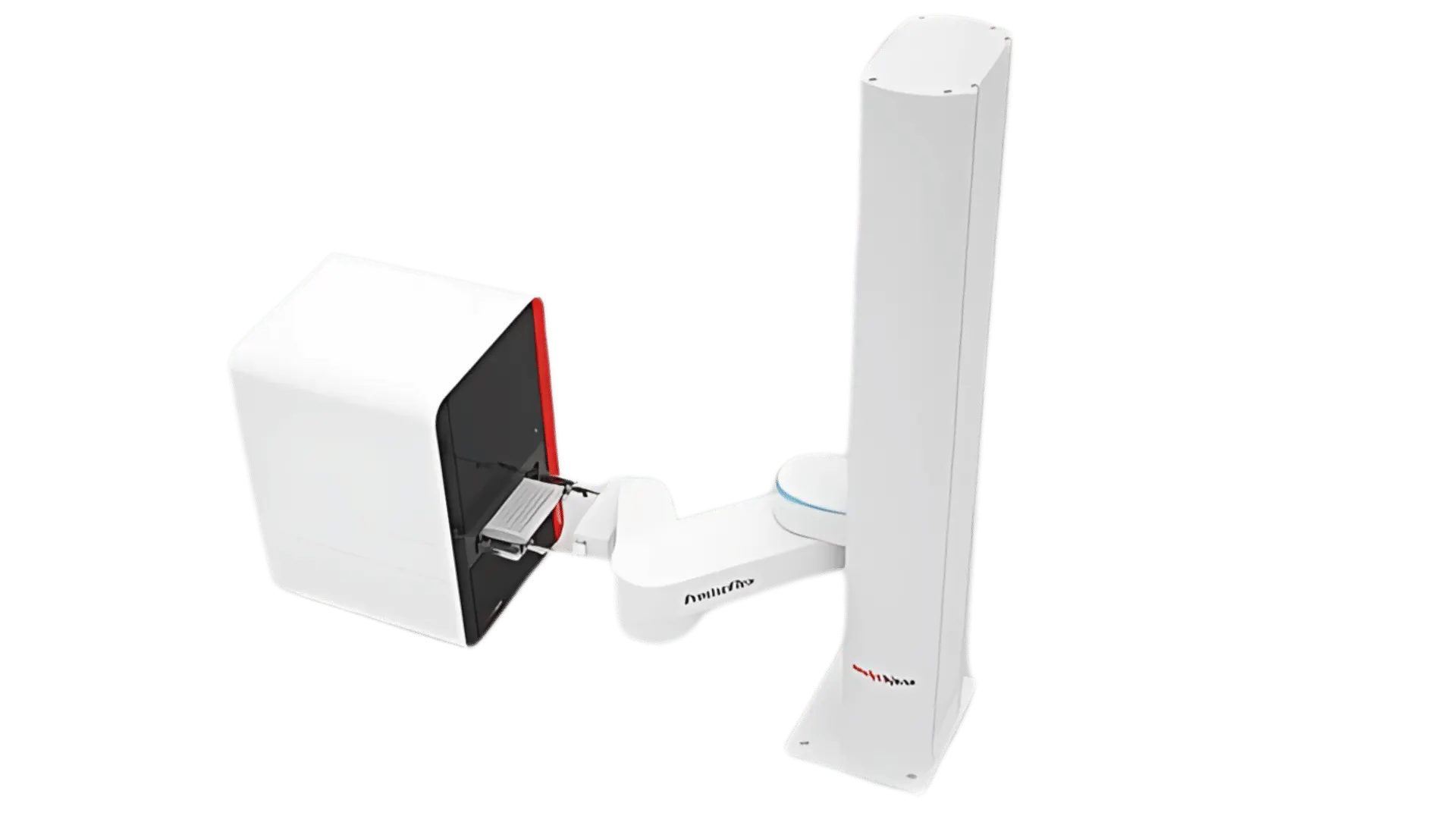 Système automatisé de laboratoire comprenant une tour haute blanche connectée à un module cubique blanc ouvert avec une plate-forme coulissante, utilisée pour la manipulation robotisée d'échantillons.